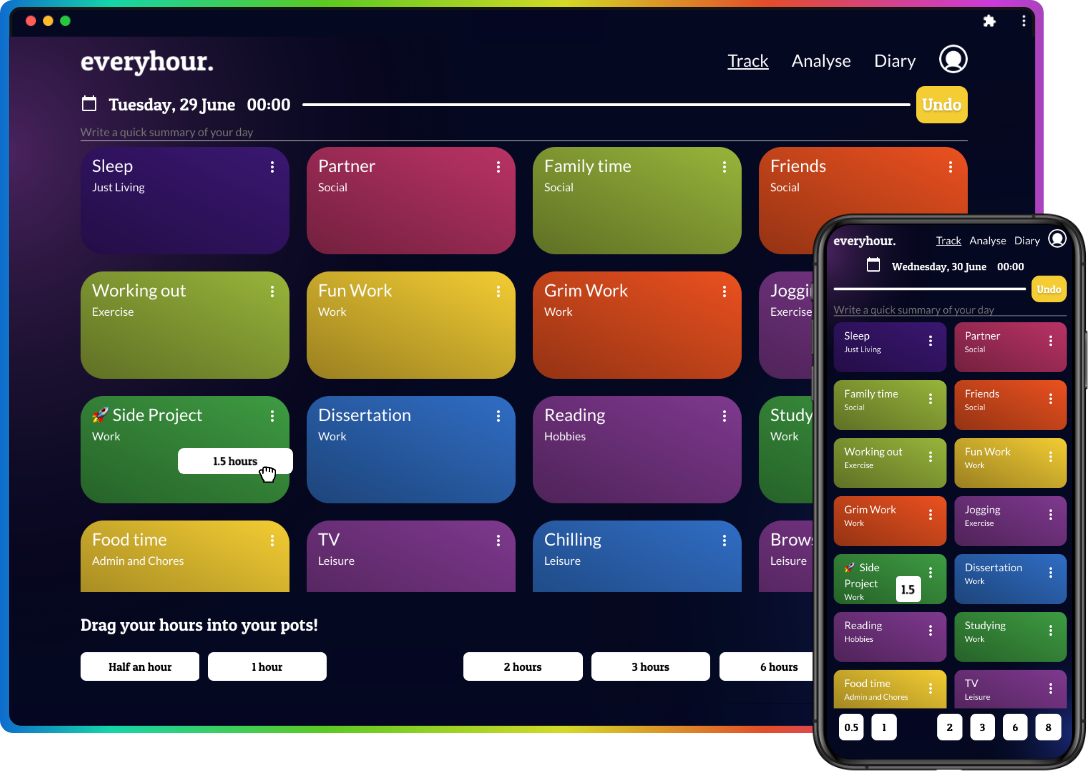 the tacking page showing you can drag and drop time blocks into pots to record you day